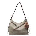 Bolso tote de ante marrón vintage con costuras blancas y un colgante de oso de peluche - Con Colgante / Blanco Roto