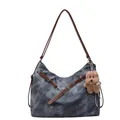 Retro washed grey-blue canvas shoulder bag with brown leather straps and plush bear charm - Blue