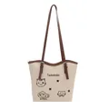 Large capacity cream tote bag with brown straps and cute cat illustrations for women - White