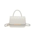 Elegant cream quilted handbag with embroidery detail and golden metallic buckle - White
