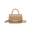 Elegant camel quilted leather handbag with gold metal clasp and adjustable shoulder strap - Khaki