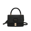 Elegant black sequined handbag with gold clasp and 'FASHION' embossed leather patch - Black