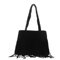 Chic black suede tote bag featuring fringe details and woven shoulder straps for women - Black