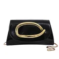Classic black patent leather handbag with gold circular metal handle and chain strap - Black