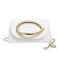 White patent leather small square handbag with gold metal ring handle and chain strap - White