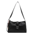 Classic black leather shoulder bag with silver buckle and bohemian wooden tassel detail - With Pendant / Black