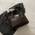Minimalist dark brown glossy faux leather tote bag with gold hardware and shoulder strap - Without Pendant / Coffee