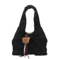 Borsa nera a coste con grande fiocco e ciondolo orsetto di peluche per l'inverno - Nero Con Pendente