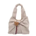 Sac à main en velours côtelé beige avec grand nœud et breloque ours en peluche - Blanc Crème avec Pendentif