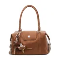 Brown faux leather pillow bag with woven shoulder strap and bear charm pendant - Brown with Pendant