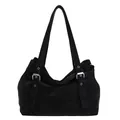 Minimalist black canvas shoulder bag with silver buckle straps and a zipper closure - Black