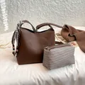 Brown litchi leather tote bag with printed silk scarf and matching striped canvas pouch - With Pendant / Coffee
