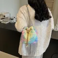 Rainbow plush bucket bag with star patterns, gold chain strap and pearl details - Green