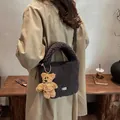 Chic dark gray fuzzy bucket bag with cute bear charm for autumn winter fashion look - Without Pendant / Brown