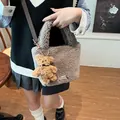 Chic gray faux fur bucket bag with plush bear charm and crossbody strap for women - Without Pendant / Gray