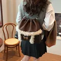 Brown leather backpack with plush trim and gold butterfly ornament for autumn winter - 32cmx10cmx29cm / Brown