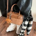 Brown vintage Boston handbag with suede patchwork and cute plush dog pendant charm - Brown Style (With Pendant) / 26*9*17cm