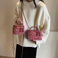 Roze meerkleurige tweed mini handtas met rood leren handvat en een kettingriem - Groot / Rozerood