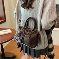 Dark brown shiny faux leather Boston bag with cute dog and chocolate charms - With Pendant / Brown