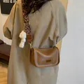 Brown retro PU leather Boston bag with leopard strap and plush bear charm - Khaki With Rabbit Pendant