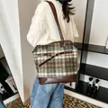 Vintage checkered tweed tote bag with brown leather straps and metal buckle accent - Green Checkered