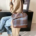 Retro plaid tote bag with brown leather trim and golden metal buckle for women - Blue Plaid