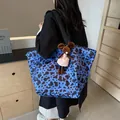 Blue and black leopard print tote bag with a plush mouse charm and wide shoulder strap - No Pendant / Blue