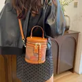 Brown patchwork bucket bag with contrast stitching and golden hardware detailing - 14*12*16 / Two-tone Brown