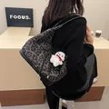 Large leopard print tote bag in dark grey with black bow and plush dog charm - Black