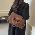 Brown frosted leather tote bag with vintage gold turn-lock and adjustable shoulder strap - Large (37x12x22) / Brown