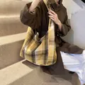 Yellow plaid wool hobo tote bag with reversible large capacity and wide shoulder strap - Style 2 Yellow Plaid