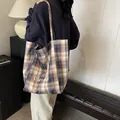 Blue and yellow plaid tote bag featuring Carefree Party print for daily use - Style 1 Blue Plaid (Carefree Party Print)