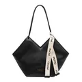 Minimalist black pleated leather tote bag with V-cut opening and logo strap detail - Black