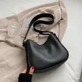 Minimalist black leather crescent hobo bag with vintage wide strap for women - Black