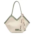 Cremefarbene Canvas-Tote mit vertikalen Streifen, lindgrünem Lederbesatz und Dekoband - Grün