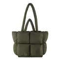 Deep olive green quilted puffer tote bag with large square padding and soft shoulder straps - Green