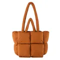 Quilted down cotton tote bag in caramel orange with puffy oversized square padding - Brown