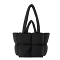 Black quilted down tote bag with large square stitching and dual handle design - Black