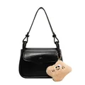 Black PU leather flap crossbody bag with a cute star plush charm on a white background - Black