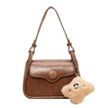 Vintage brown crossbody flap bag with a plush star charm and round buckle detail - Khaki