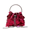 Chic rose red bucket bag with metallic sequins, round handle, and chain tassels - Pink