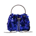 Elegant bucket bag in bright blue sequins with gold ring handle and chain strap - Blue