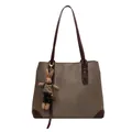 Minimalist large capacity tote bag with leather trim and cute rabbit plush charm - Contrast Coffee With Rabbit Pendant