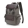 Mochila vintage de lona gris con solapa de cuero marrón y cierre de cordón - Gris