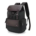 Mochila retro de lona carbón con detalles en cuero marrón y múltiples bolsillos - Negro