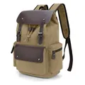 Mochila retro de lona caqui con solapa de cuero marrón oscuro y correas ajustables - Caqui