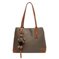 Minimalist khaki tote bag with brown leather accents and a cute plush bunny pendant - Contrast Brown With Rabbit Pendant