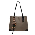 Khaki tote bag with black straps and a cute rabbit charm in houndstooth vest - Contrast Black With Rabbit Pendant