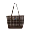 Borsa tote a quadri marroni con ricamo a bassotto e manici in pelle marrone scuro - Base Marrone a Strisce Blu