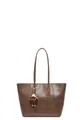 Brown vintage faux leather tote bag with long straps and a plush eye charm detail - Khaki With Pendant